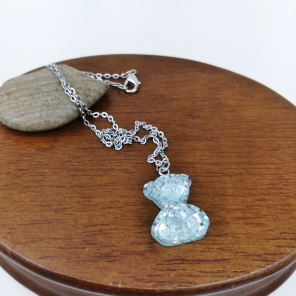 NWT Adorable Aqua Blue Glitter Teddy Bear Charm Silver Chain Necklace!
